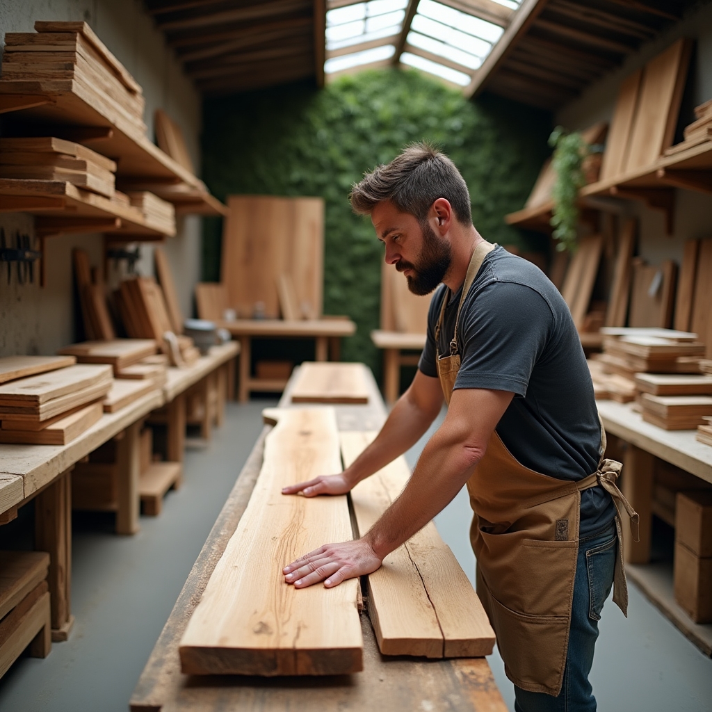 Wood workshop with reclaimed timber being processed for reuse